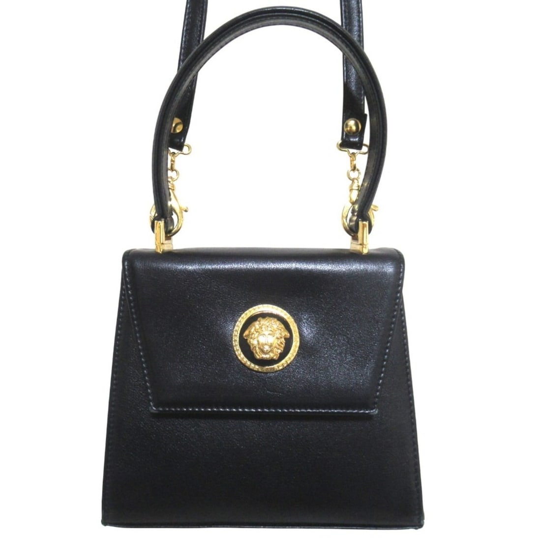 GIANNI VERSACE Vintage Top Handle Medusa 2-Way Handbag/Shoulder Bag, Black, Women's: --- Catalog ---Category: SizeSize (HxWxD): 14cm x 16cm x 6cm / 5.51'' x 6.29'' x 2.36''Category: DesignType: Handbag, Shoulder bagColor: BlackGender: WomenCategory: GeneralBrand: Versace--- Item List 