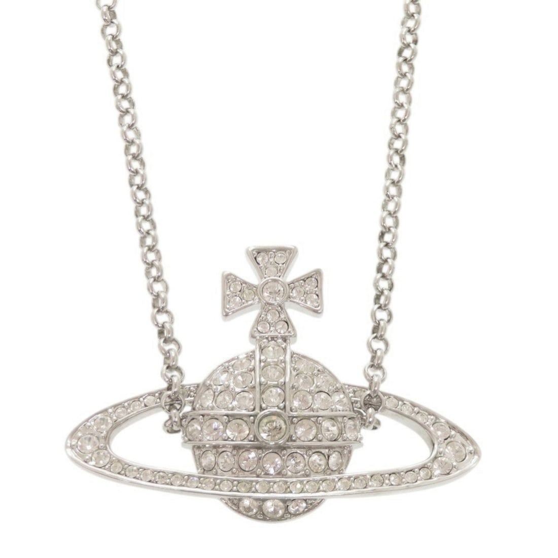 Vivienne Westwood Orb Metal Rhinestone Silver Necklace 0370: --- Catalog ---Category: SizePendant Size: 43mm x 63mm / 1.69'' x 2.48''Neck Circumference: 40 cm / 15.74''Category: DesignColor: SilverGender: WomenMaterial: RhinestoneNecklace Type: NecklaceCategory