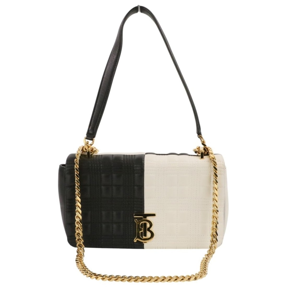 BURBERRY Laura Small Bicolor Quilted Chain Shoulder Bag (White & Black) - Women's: --- Catalog ---Category: SizeSize (HxWxD): 13cm x 22cm x 5.5cm / 5.11'' x 8.66'' x 2.16''Category: DesignType: Shoulder bagColor: Black, WhiteGender: WomenMaterial: Quilting Category: GeneralBrand: Bu