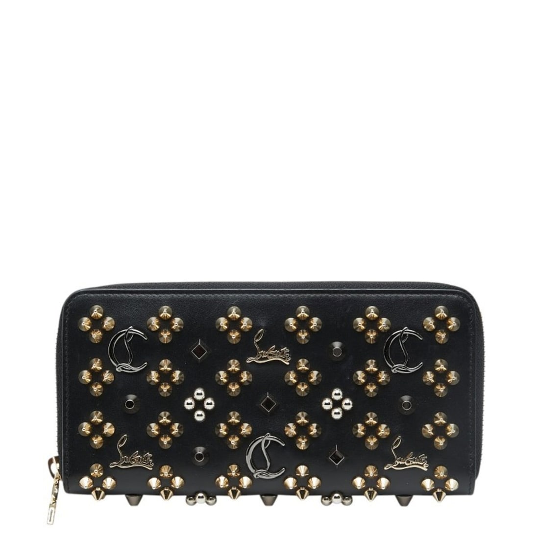 Christian Louboutin Panettone Round Zip Long Wallet 1175097 Black Gold Silver Leather Studs Women's: --- Catalog ---Category: SizeSize (HxWxD): 10cm x 21cm x 2.3cm / 3.93'' x 8.26'' x 0.9''Category: DesignType: Long wallet (bi-fold)Color: Black, Gold, SilverGender: WomenMaterial: Leather Category: Ge