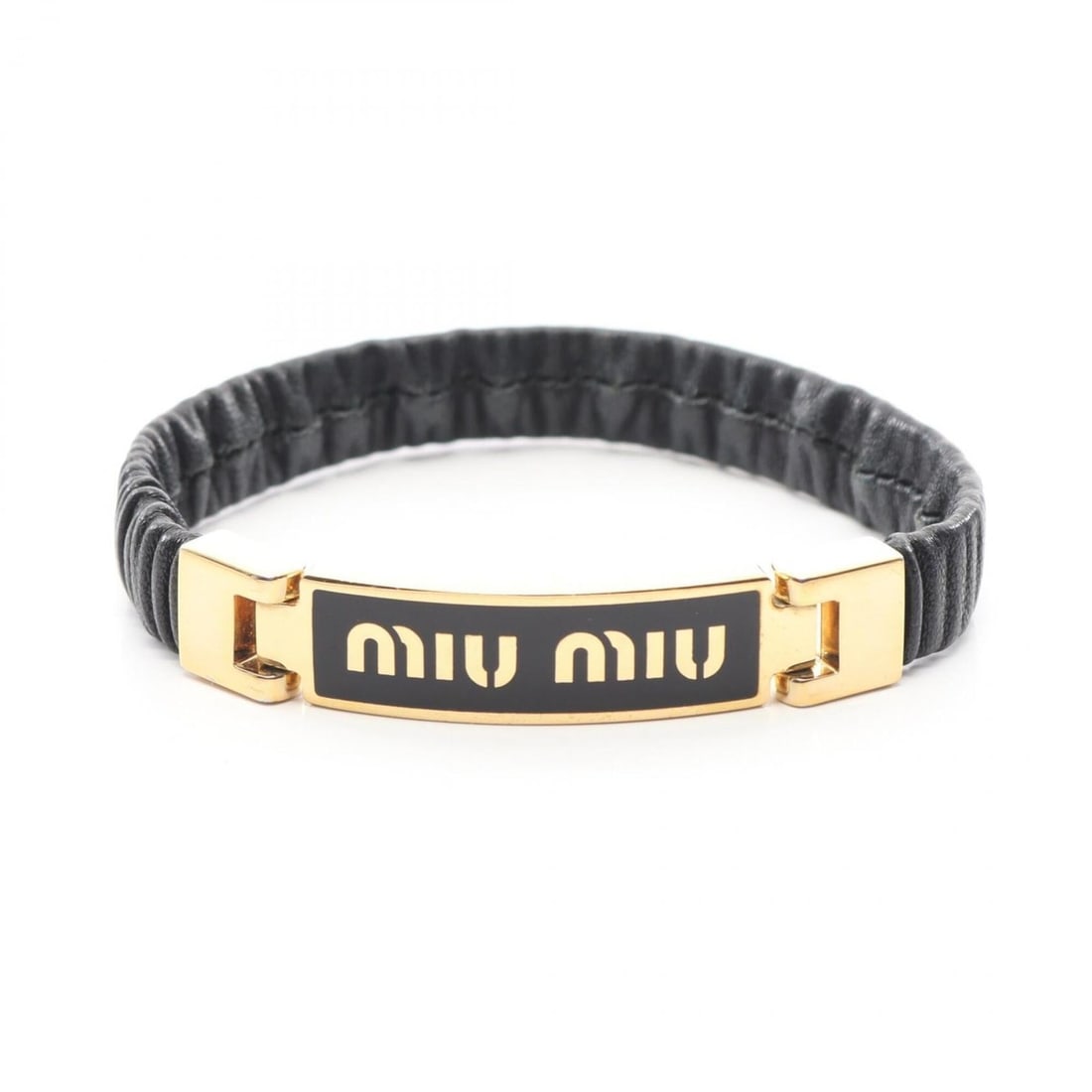 Miu Miu Miu Logo Bracelet, Leather, Gold Plated (GP), Women's, Black/Gold Tone: --- Catalog ---Category: SizeLength: 18cm / 7.08''Category: DesignType: Charm braceletColor: Black, GoldGender: WomenMaterial: Gold plating, LeatherCategory: GeneralBrand: Miu Miu--- Item List ---Sect