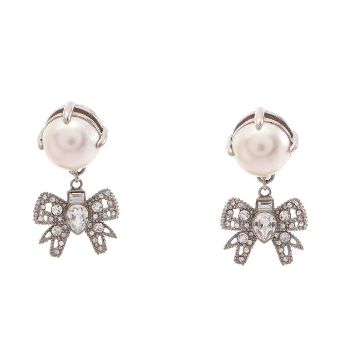 Miu Miu Miu Ribbon Earrings - Jewelry, Metal, Rhinestone, Faux Pearl, Women's, Silver/Clear Tones: --- Catalog ---Category: SizeSize (HxWxD): 30.00mm x 18.00mm / 1.18'' x 0.71''Category: DesignType: Stud earringsColor: Clear, SilverGender: WomenMaterial: Metal, RhinestoneCategory: GeneralBrand: Miu