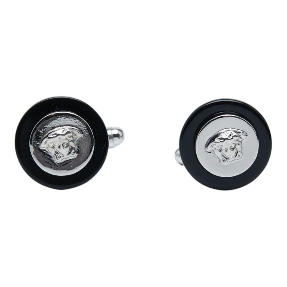 Versace Medusa Cufflinks, Silver and Black Metal, Men's.: --- Catalog ---Category: DesignType: CufflinksColor: BlackGender: MenCategory: GeneralBrand: Versace--- Item List ---Section: ConditionRanking: Rank AB Used - Traces of usage, scratches / dirt can be 