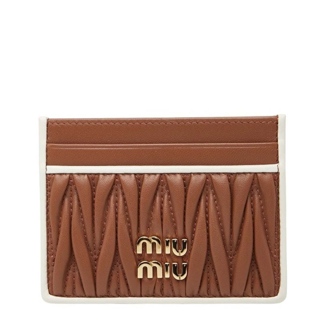 Miu Miu Miu Matelassé Business Card Holder/Card Case/Pass Case, Brown and White Leather, Women's: --- Catalog ---Category: DesignType: Business card caseColor: Brown, WhiteGender: WomenMaterial: Leather Category: GeneralBrand: Miu MiuCategory: Physical PropertiesSize (HxWxD): 8cm x 10.5cm x 5mm / 