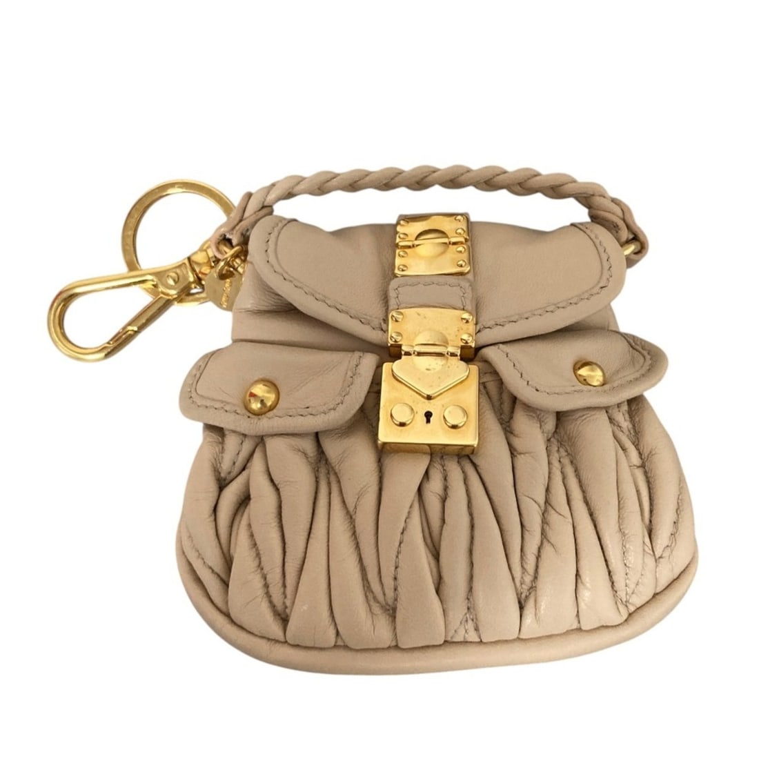Miu Miu Miu Matelassé Accessory Bag Charm Keychain Pink Beige Women's: --- Catalog ---Category: SizeSize (HxWxD): 10cm x 10.5cm / 3.93'' x 4.13''Category: DesignType: KeyringColor: Beige, PinkGender: WomenCategory: GeneralBrand: Miu Miu--- Item List ---Section: Condition