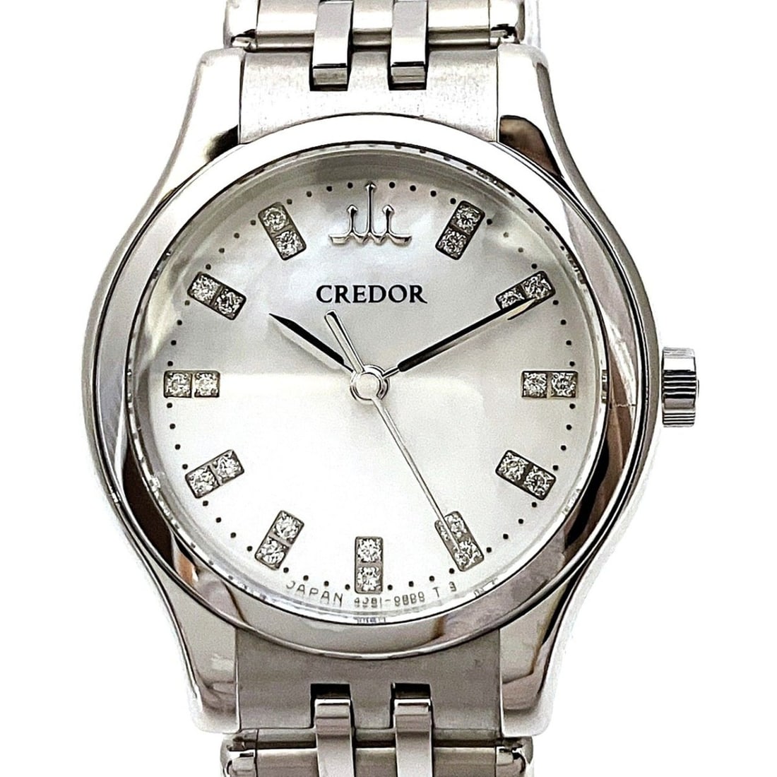Seiko Credor Signo watch with diamond indices, total weight 47g, stainless steel case, quartz: --- Catalog ---Category: SizeWrist Size: 14cm / 5.51''Case Diameter: 25.1mm / 0.99''Category: DesignType: WristwatchGender: WomenColor (Dial): White shellMaterial (Band): Stainless steelMaterial (Case