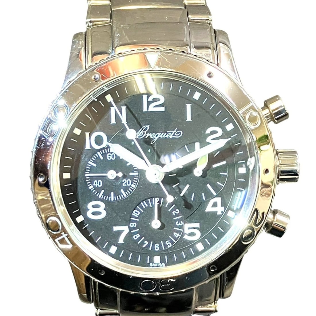 Breguet Aeronavale watch, total weight 153.4g, stainless steel, automatic movement, black dial, 3800: --- Catalog ---Category: SizeWrist Size: 19cm / 7.48''Case Diameter: 39mm / 1.54''Category: DesignType: WristwatchGender: MenColor (Dial): BlackMaterial (Band): Stainless steelMaterial (Case): Stainle