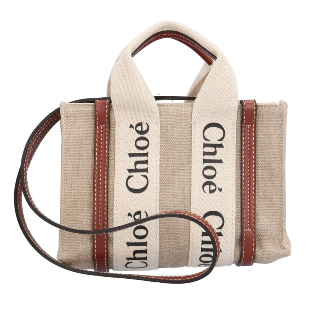 Chloé Chloe Mini Tote Woody Shoulder Bag, Linen CHC22AP237I2690U, Brown, Women's, 2-way: --- Catalog ---Category: SizeSize (HxWxD): 14cm x 20cm x 6cm / 5.51'' x 7.87'' x 2.36''Category: DesignType: Shoulder bagColor: Brown, WhiteGender: WomenMaterial: Linen , Leather Category: GeneralBran