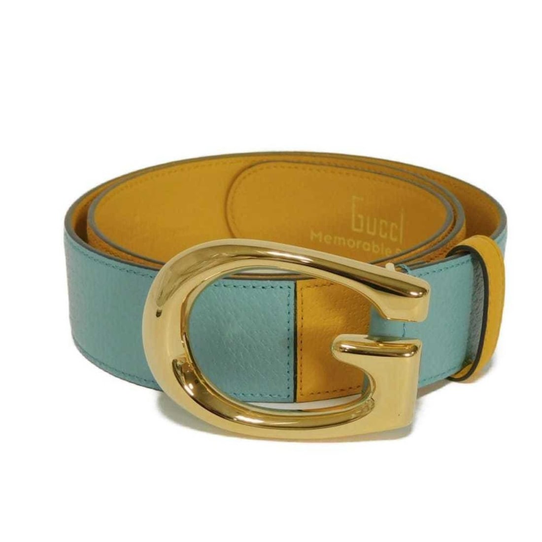 Gucci GUCCI Belt G Logo Emblem Wide Leather 40MM 90/36 Yellow Bicolor Gold Memorable Buckle Light: --- Catalog ---Category: SizeLength: 108cm / 42.51''Category: DesignType: Standard beltColor: Light blue, YellowGender: MenCategory: GeneralMPN: 709954Brand: Gucci--- Item List ---Section: ConditionRa