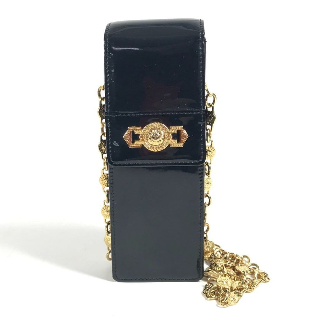 VERSACE Vintage Sunburst Logo Phone Pouch Bag, Crossbody Flap Chain Shoulder Enamel, Men's, Women's,: --- Catalog ---Category: SizeSize (HxWxD): 17.5cm x 6cm / 6.88'' x 2.36''Category: DesignType: Pochette, Pouch, Shoulder bagColor: BlackGender: Men,WomenCategory: GeneralBrand: Versace--- Item List --