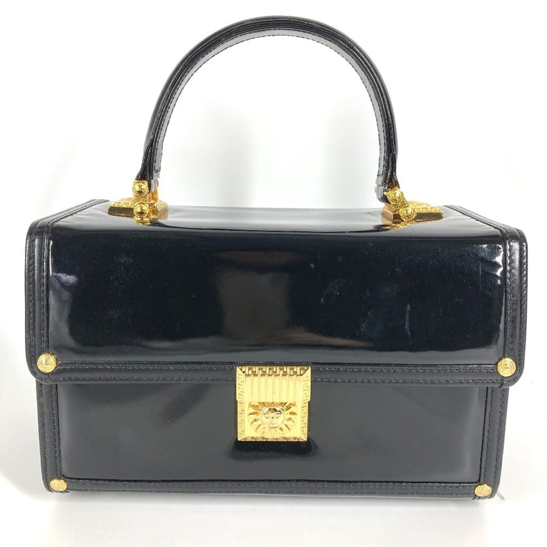 VERSACE Vintage Sunburst Logo Vanity Bag, Flap Handbag, Patent Leather, Men's & Women's, Black: --- Catalog ---Category: SizeSize (HxWxD): 14cm x 23cm x 11.5cm / 5.51'' x 9.05'' x 4.52''Category: DesignType: Handbag, Vanity bagColor: BlackGender: Men,WomenMaterial: Patent leather Category: Gener