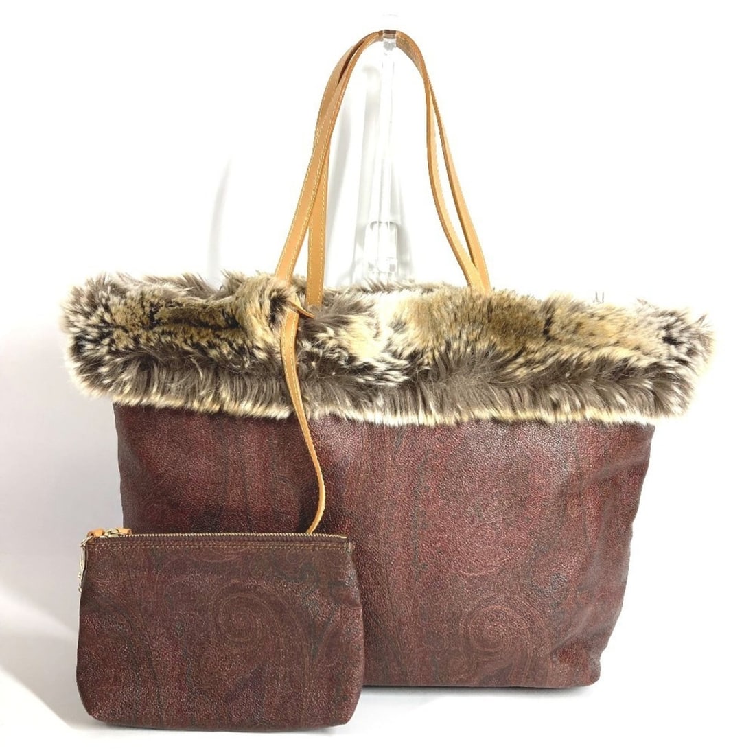 ETRO handbag with pouch, paisley pattern, logo, fur trim, tote bag, shoulder leather, women's, (1 of 15)