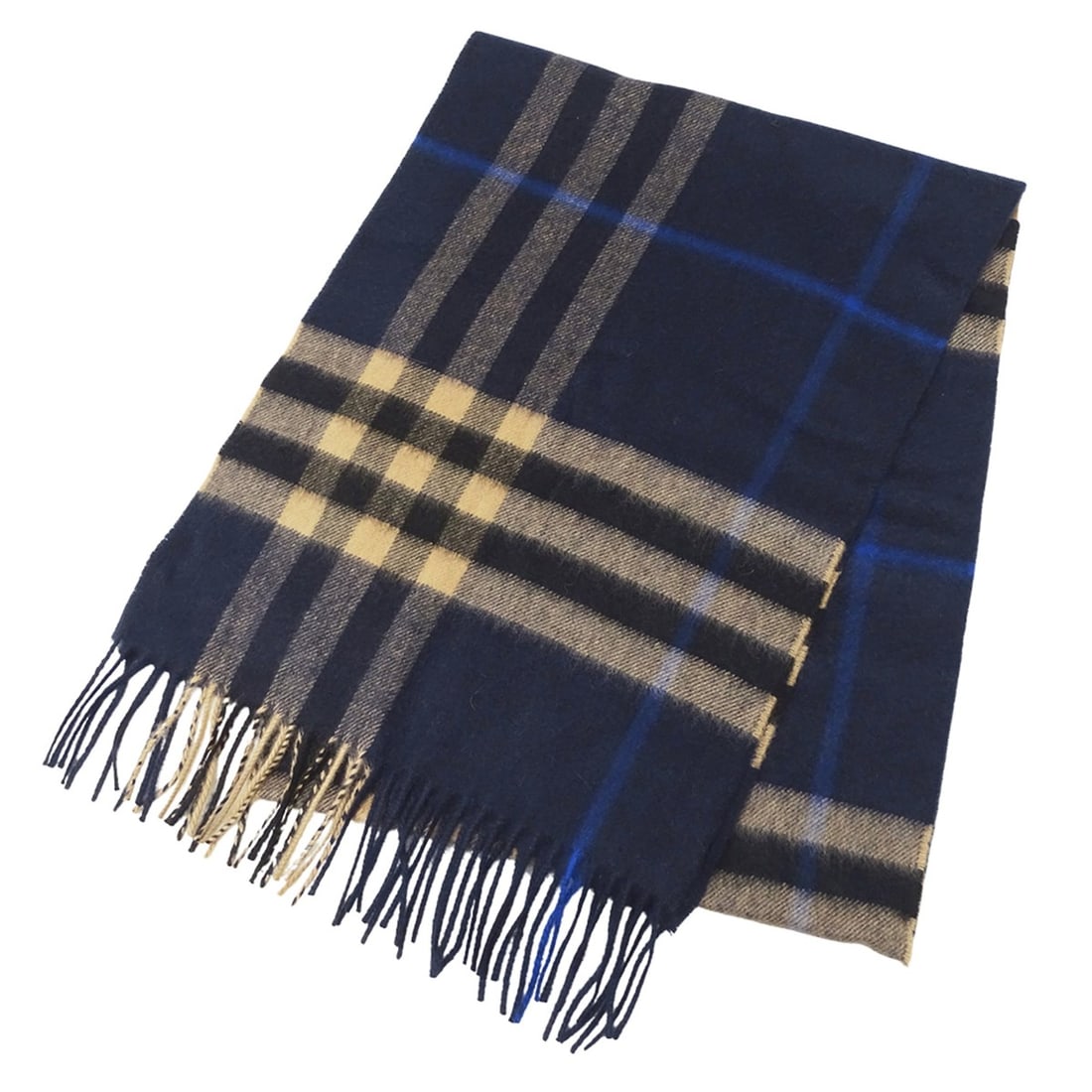 Burberry scarf for women and men, brand name, stole, cashmere, navy, beige, check pattern, fringe. (1 of 12)