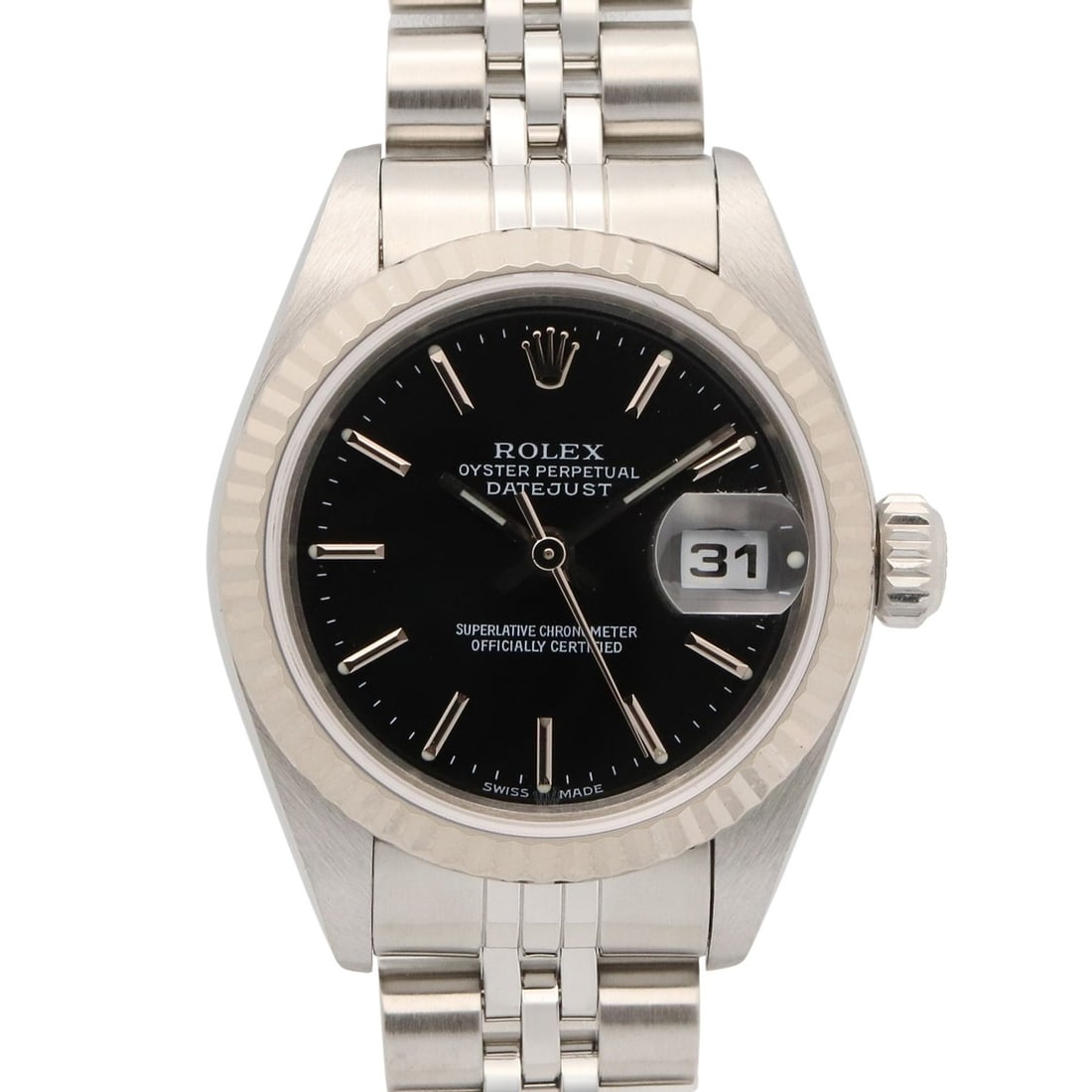 Rolex Datejust P-series watch, 18K white gold (WG) stainless steel, ladies', black bar casing,: --- Catalog ---Category: SizeWrist Size: 17.5cm / 6.88''Case Diameter: 26mm / 1.02''Category: DesignType: WristwatchGender: WomenColor (Dial): BlackMaterial (Band): Stainless steel, White gold (18K)Ma