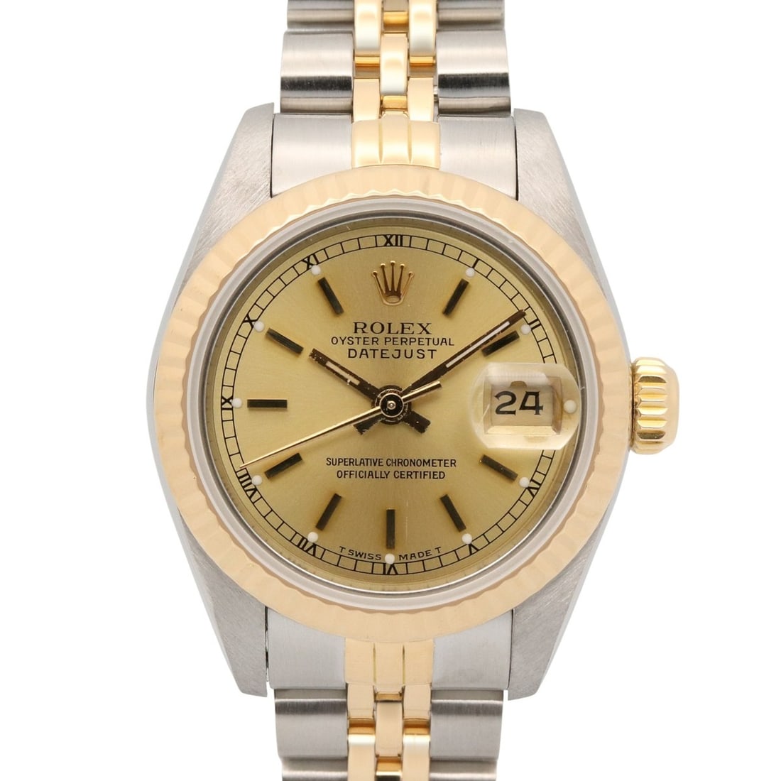 Rolex Datejust L-series watch, 18K (yellow gold) stainless steel, ladies', gold-tone champagne bar: --- Catalog ---Category: SizeWrist Size: 14.5cm / 5.7''Case Diameter: 26mm / 1.02''Category: DesignType: WristwatchGender: WomenColor (Dial): Champagne, GoldMaterial (Band): Stainless steel, Yellow go