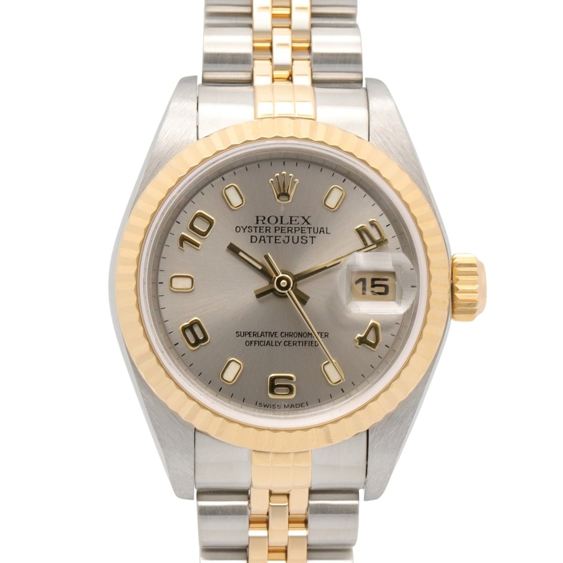 Rolex Datejust K-series watch, 18K (yellow gold) stainless steel, ladies', silver-toned, with Arabic: --- Catalog ---Category: SizeWrist Size: 17cm / 6.69''Case Diameter: 26mm / 1.02''Category: DesignType: WristwatchGender: WomenColor (Dial): SilverMaterial (Band): Stainless steel, Yellow gold (18K)Ma