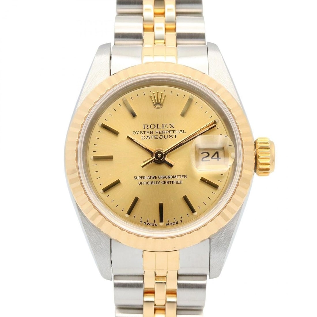 Rolex Datejust E-serial watch, 18K (yellow gold) stainless steel, ladies', gold tone, 69173: --- Catalog ---Category: SizeWrist Size: 15.5cm / 6.1''Case Diameter: 26mm / 1.02''Category: DesignType: WristwatchGender: WomenColor (Dial): GoldMaterial (Band): Stainless steel, Yellow gold (18K)Mat