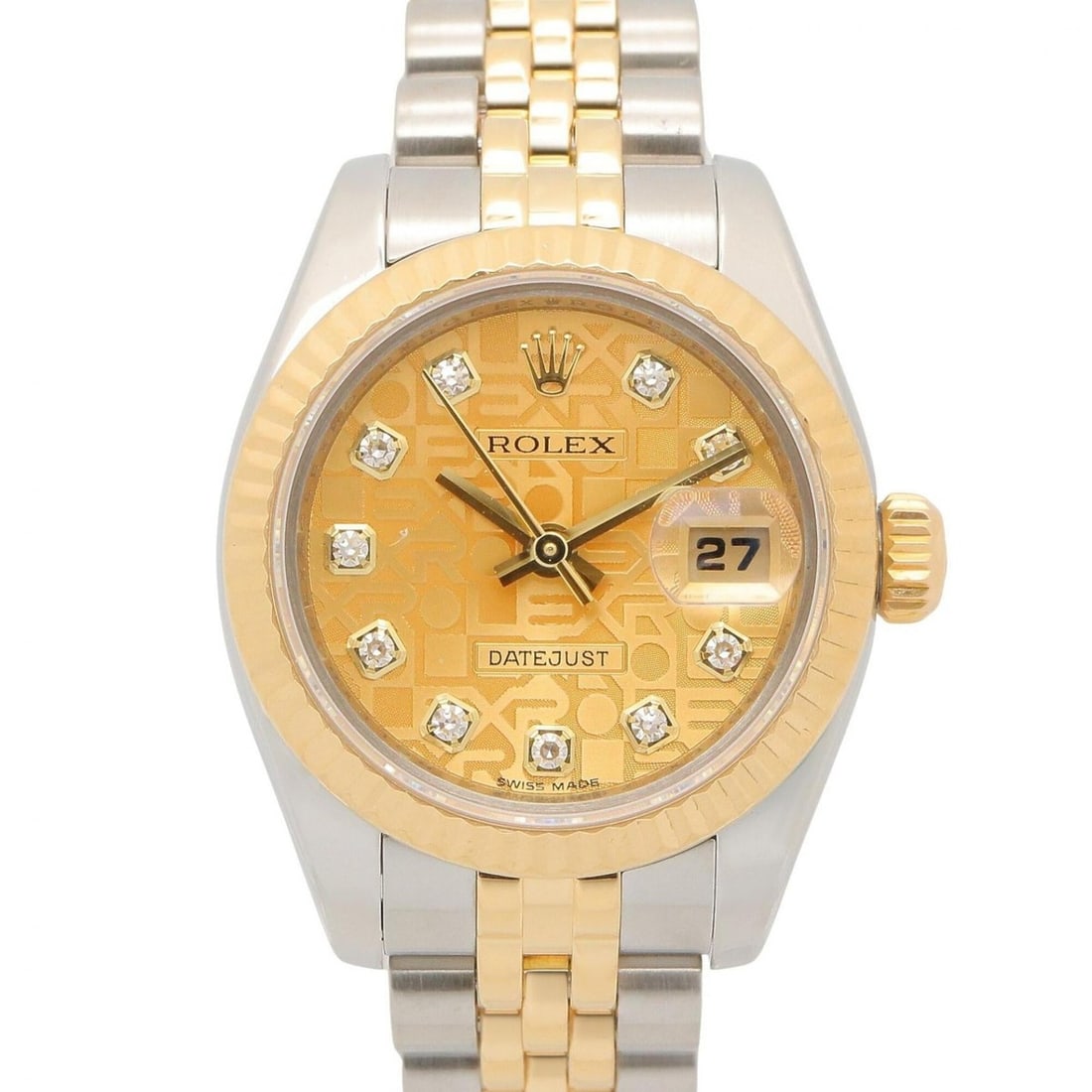 Rolex Datejust 10P Diamond Z-serial Champagne Computer New Watch 18K (Yellow Gold) Stainless Steel: --- Catalog ---Category: SizeWrist Size: 14cm / 5.51''Case Diameter: 26mm / 1.02''Category: DesignType: WristwatchGender: WomenColor (Dial): Champagne, GoldMaterial (Band): Stainless steel, Yellow gol