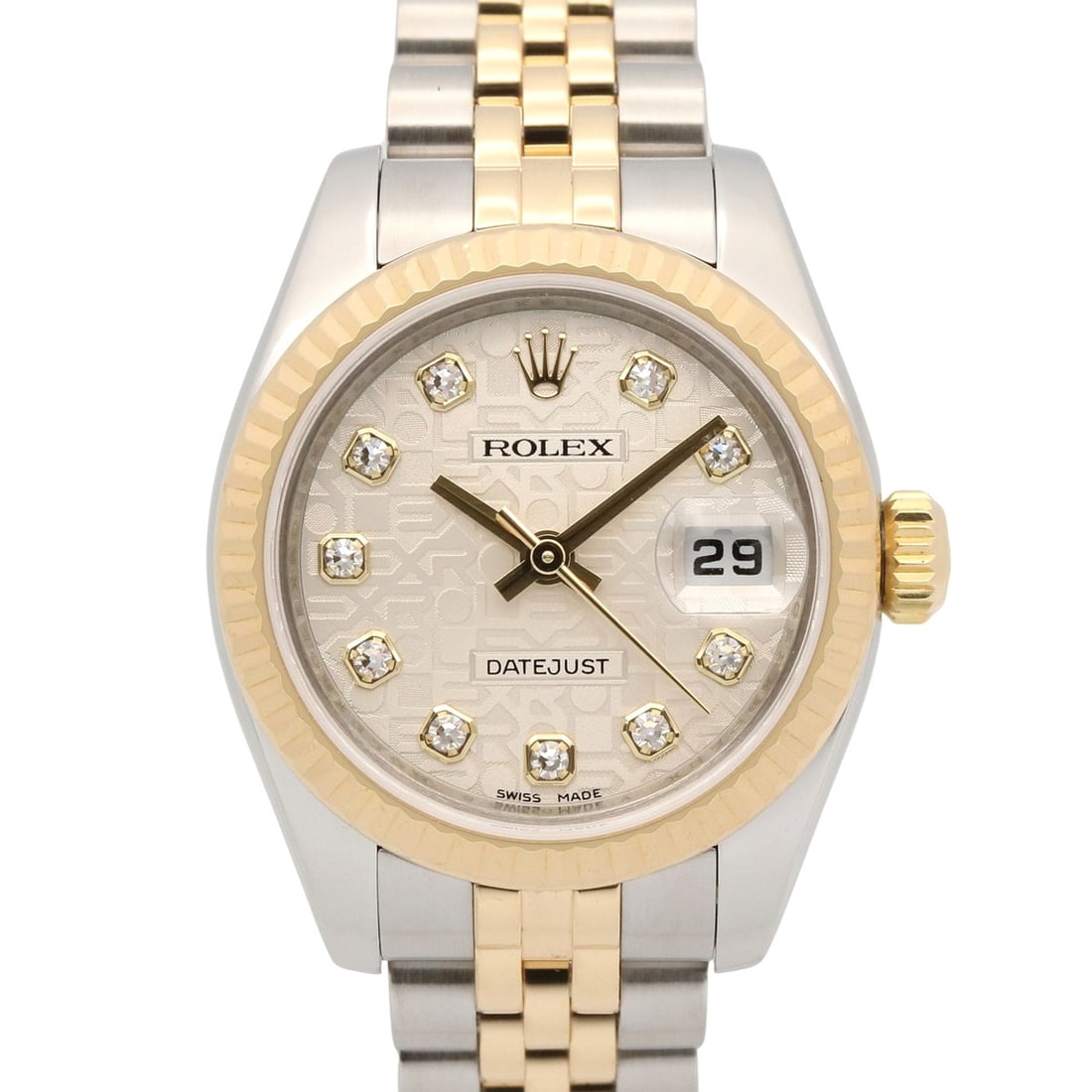 Rolex Datejust 10P Diamond V-serial Wristwatch, 18K (Yellow Gold) Stainless Steel, Diamond, Ladies',: --- Catalog ---Category: SizeWrist Size: 14.5cm / 5.7''Case Diameter: 26mm / 1.02''Category: DesignType: WristwatchGender: WomenColor (Dial): SilverMaterial (Band): Stainless steel, Yellow gold (18K)M