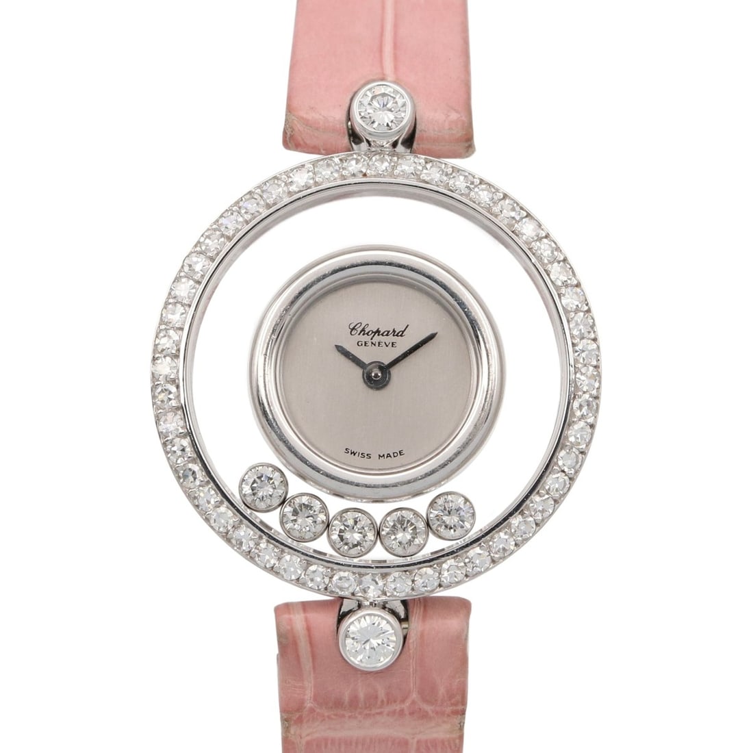 Chopard Happy Diamonds Watch, 18K White Gold (WG), Diamond, Leather Strap, Ladies, Silver Tone, 20: --- Catalog ---Category: SizeWrist Size: 16.5cm / 6.49''Case Diameter: 23.8mm / 0.94''Category: DesignType: WristwatchGender: WomenColor (Dial): SilverMaterial (Band): LeatherMaterial (Case): White go