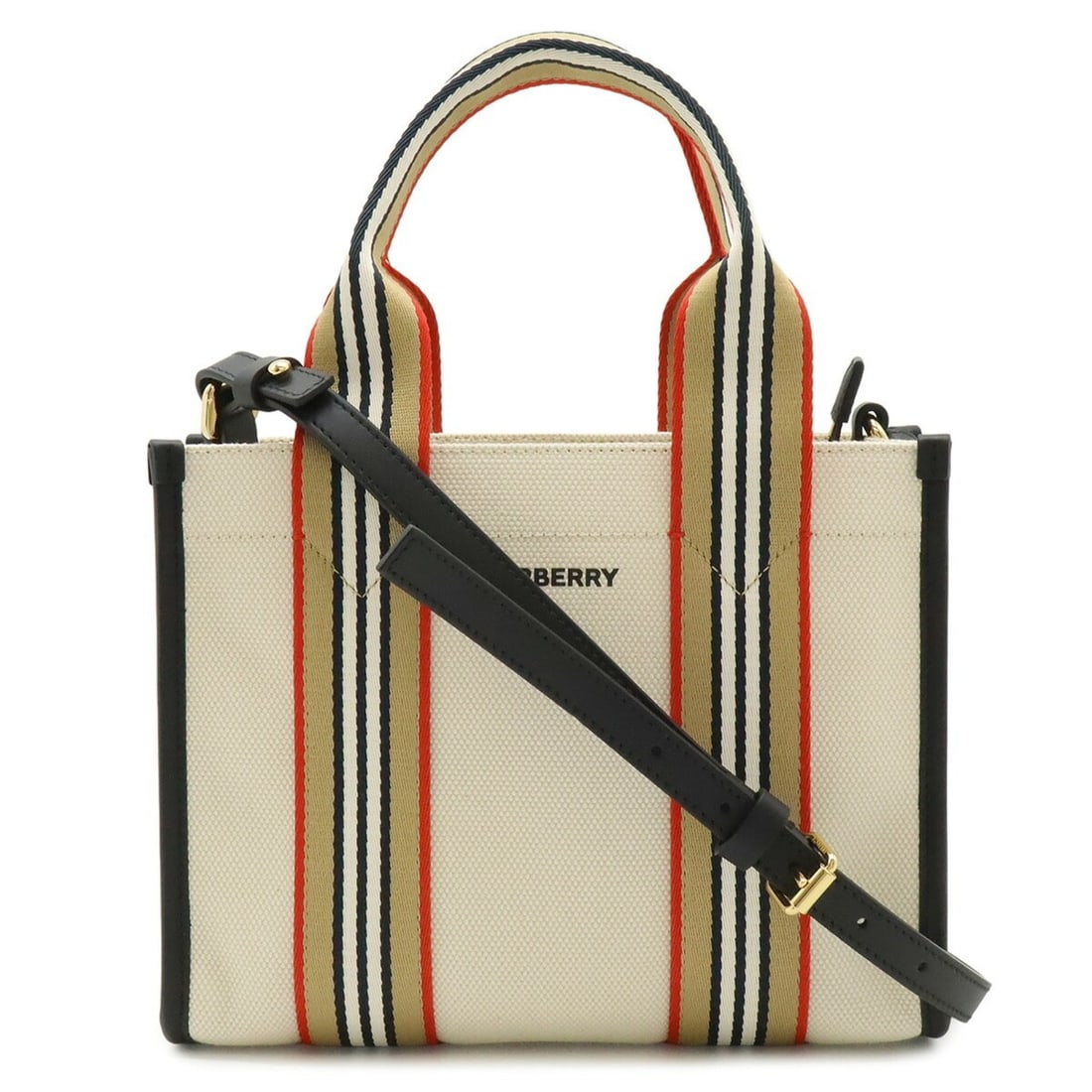 BURBERRY Small Icon Stripe Trim Canvas Tote Bag Shoulder Natural Beige 8121493: --- Catalog ---Category: SizeSize (HxWxD): 18cm x 23.5cm x 7.5cm / 7.08'' x 9.25'' x 2.95''Category: DesignType: Shoulder bag, Tote bagColor: Beige, Multi-colorGender: WomenMaterial: Canvas , Leather 