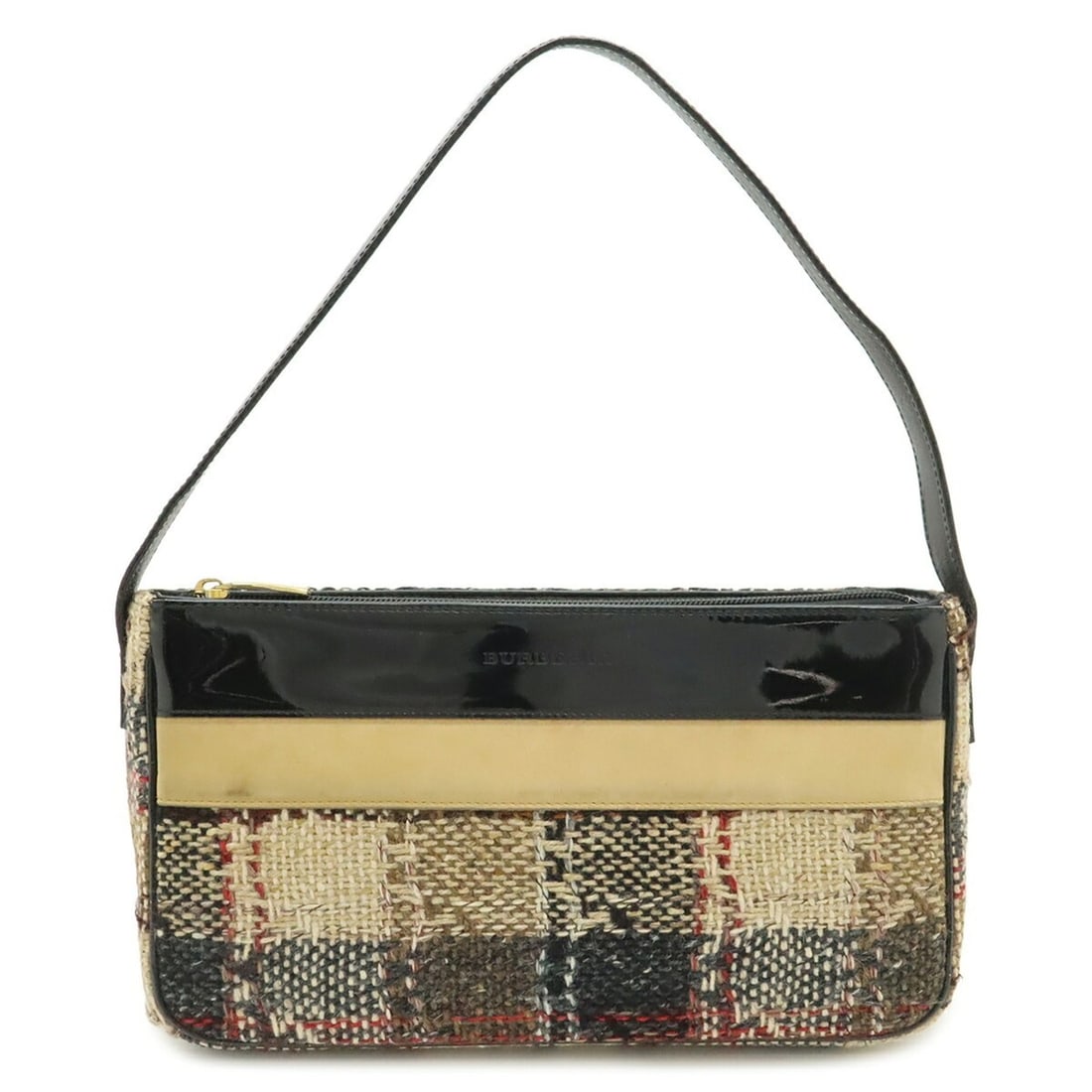 BURBERRY shoulder bag, check pattern, wool, enamel suede, beige, black.: --- Catalog ---Category: SizeSize (HxWxD): 16cm x 28cm x 6cm / 6.29'' x 11.02'' x 2.36''Category: DesignType: Shoulder bagColor: Beige, Black, Multi-colorGender: WomenMaterial: Wool , Leather , Suede 
