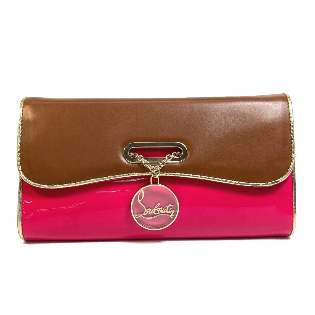 Christian Louboutin 1120586 Bicolor Riviera Bag, Handbag, Chain Clutch Calfskin Patent Leather,: --- Catalog ---Category: SizeSize (HxWxD): 14cm x 26cm x 4cm / 5.51'' x 10.23'' x 1.57''Category: DesignType: Clutch bag, HandbagColor: Brown, PinkGender: WomenClosure: MagnetMaterial: Patent leather 