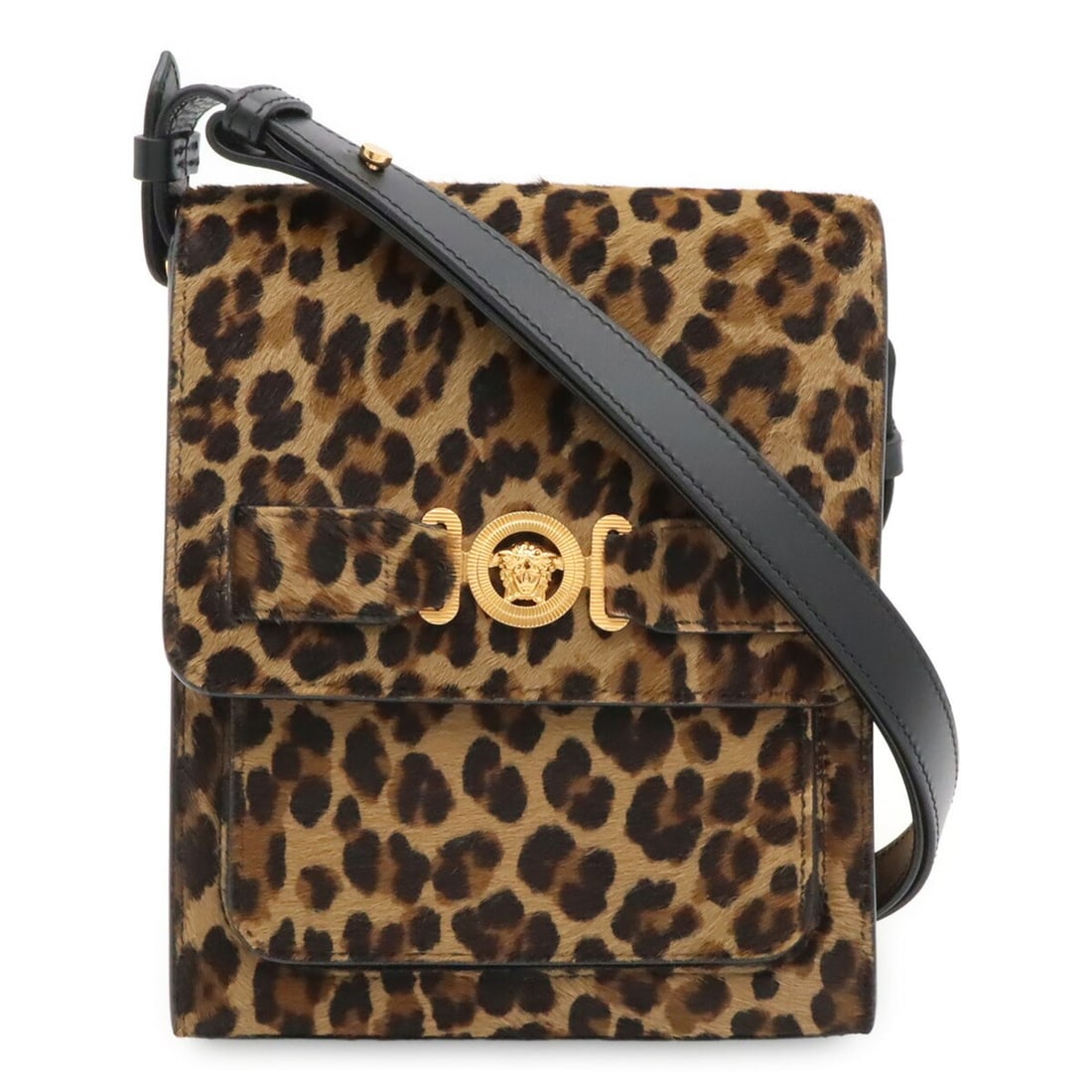 VERSACE Medusa Leopard Print Shoulder Bag (Calf Hair, Beige & Black): --- Catalog ---Category: SizeSize (HxWxD): 22cm x 17cm x 5cm / 8.66'' x 6.69'' x 1.96''Category: DesignType: Shoulder bagColor: Beige brown, BlackGender: WomenMaterial: Leather Leather/Fur Type: