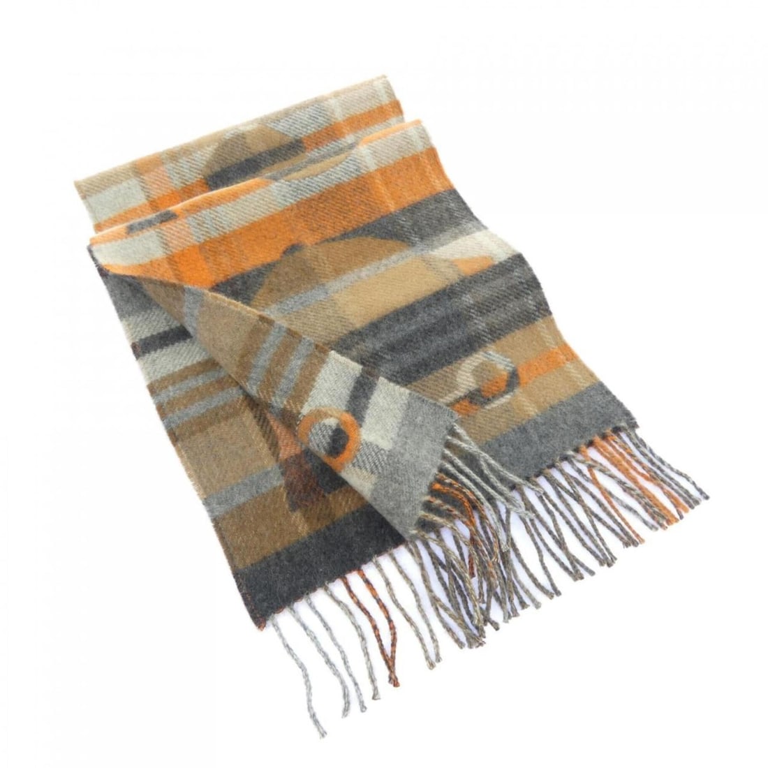 Hermes H393354T Scarf: --- Catalog ---Category: SizeSize (LxW): 1.49m x 26.5cm / 58.66'' x 10.43''Category: DesignType: BandanaColor: Brown, Gray, OrangeMaterial: Cashmere Category: GeneralMPN: H393354TBrand: Hermes--- Item
