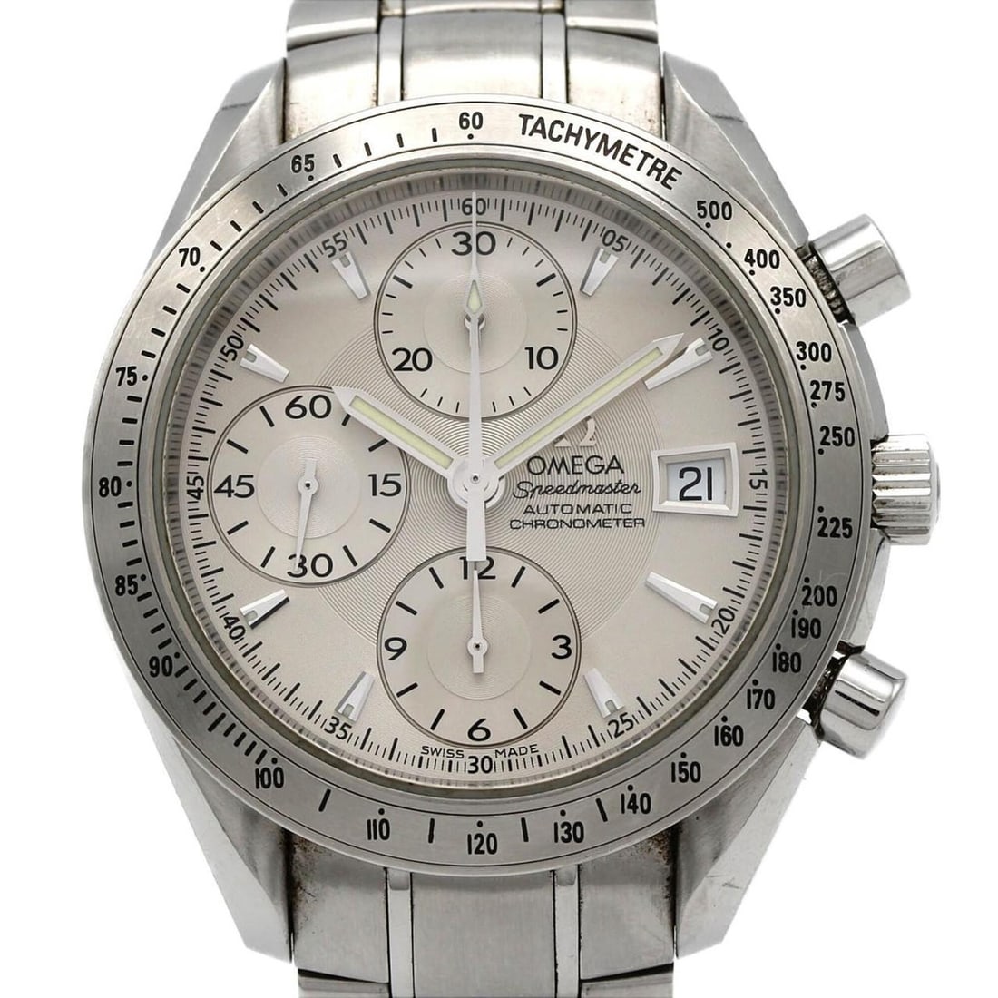 Omega Speedmaster Date 3211.30 Stainless Steel Automatic Watch: --- Catalog ---Category: SizeWrist Size: 19.5cm / 7.67''Case Diameter: 40mm / 1.57''Category: DesignType: WristwatchGender: MenColor (Dial): SilverMaterial (Band): Stainless steelMaterial (Case):