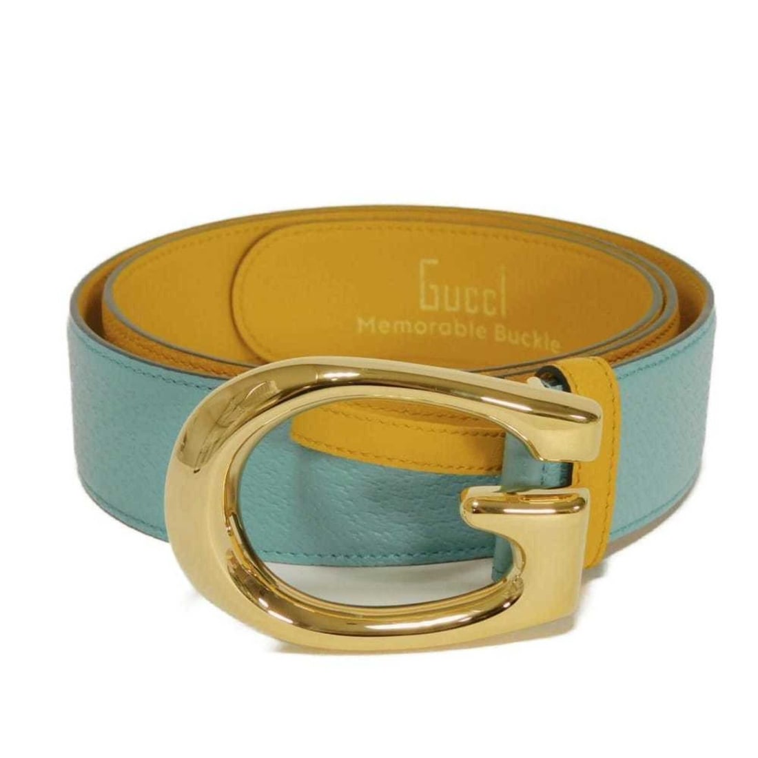 Gucci GUCCI Belt G Logo Emblem Wide Leather 40MM 95/38 Yellow Bicolor Gold Memorable Light Blue: --- Catalog ---Category: SizeLength: 114cm / 44.88''Category: DesignType: Standard beltColor: Light blue, YellowGender: MenCategory: GeneralMPN: 709954Brand: Gucci--- Item List ---Section: ConditionRa