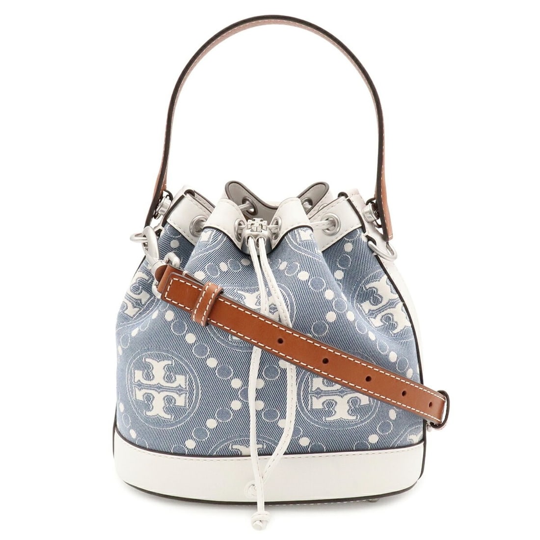 TORY BURCH Mini Bucket Handbag Shoulder Bag Leather Denim Jacquard White 149178: --- Catalog ---Category: SizeSize (HxWxD): 20cm x 21cm x 12cm / 7.87'' x 8.26'' x 4.72''Category: DesignType: Handbag, Shoulder bagColor: Brown, Light blue, WhiteGender: WomenMaterial: Leather , Denim