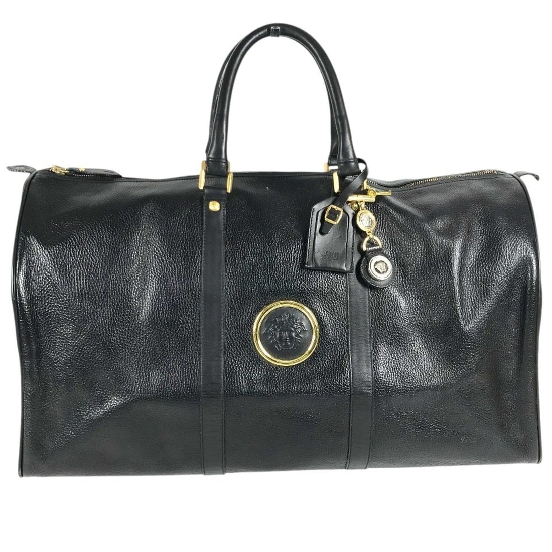 VERSACE Vintage Sunburst Logo 2-Way Bag - Shoulder Bag, Crossbody Boston Handbag Leather Men's &: --- Catalog ---Category: SizeSize (HxWxD): 27cm x 39.5cm x 14cm / 10.62'' x 15.55'' x 5.51''Category: DesignType: Boston bag, HandbagColor: BlackGender: Men,Women,UnisexSeason: VintageMaterial: Leathe