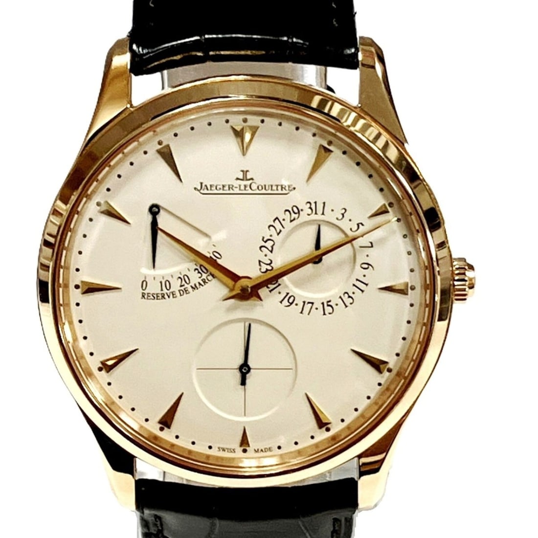 Jaeger-LeCoultre Master Ultra Thin Reserve de Marche Watch, Total Weight 74.4g, 18K Gold, Genuine: --- Catalog ---Category: SizeWrist Size: 14cm - 20cm / 5.51'' - 7.87''Case Diameter: 38mm / 1.5''Category: DesignType: WristwatchGender: MenColor (Dial): BeigeMaterial (Band): LeatherMaterial (Case):