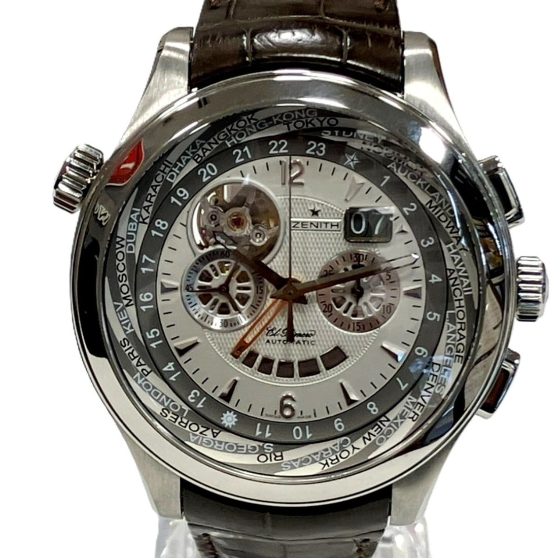 Zenith Grand Class Open Traveler Multi-City Watch, Total Weight 150.5g, Stainless Steel, Genuine: --- Catalog ---Category: SizeWrist Size: 13.5cm - 19cm / 5.31'' - 7.48''Case Diameter: 48mm / 1.89''Category: DesignType: WristwatchGender: MenColor (Dial): SilverMaterial (Band): Stainless