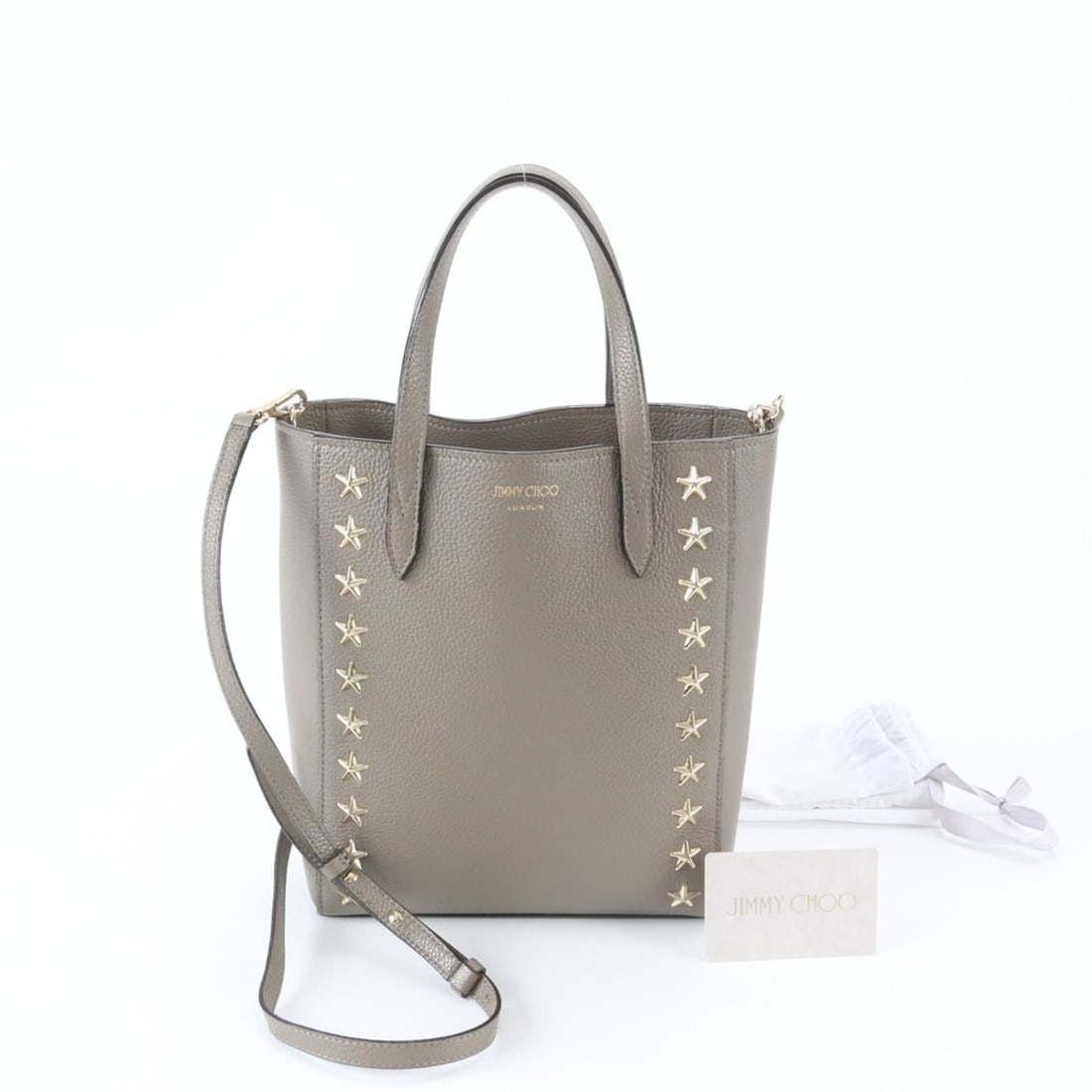 Jimmy Choo Pegasus Star Studded Leather 2-Way Shoulder Bag for Women (with Guarantee Card): --- Catalog ---Category: SizeSize (HxWxD): 25cm x 20cm x 7cm / 9.84'' x 7.87'' x 2.75''Strap Length: 110cm / 43.3''Handle Length: 29cm / 11.41''Category: DesignType: Shoulder bagColor: GrayishGender: 