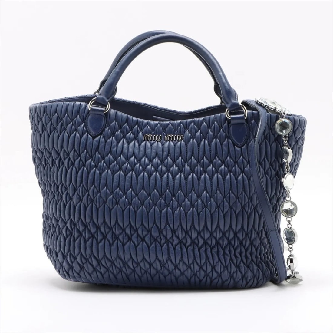 Miu Miu Miu Matelassé Nappa Crystal Bijou Leather 2-Way Shoulder Bag for Women: --- Catalog ---Category: SizeSize (HxWxD): 22cm x 25cm x 16cm / 8.66'' x 9.84'' x 6.29''Strap Length: 50cm / 19.68''Handle Length: 11cm / 4.33''Category: DesignType: Shoulder bagColor: NavyGender: Wom