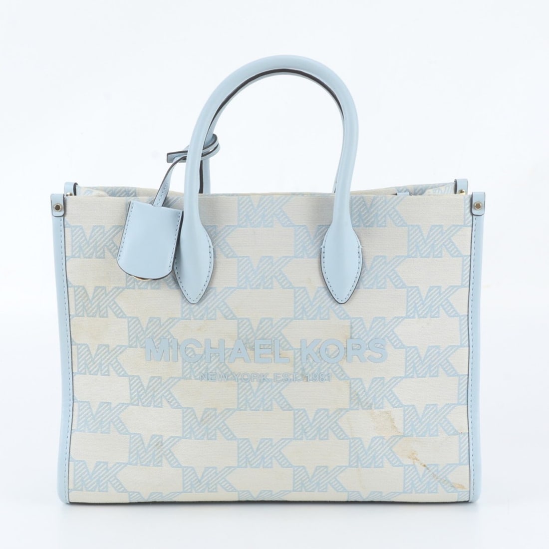 Michael Kors MK Logo Monogram Canvas Leather Tote Bag Shoulder Handbag for Women: --- Catalog ---Category: SizeSize (HxWxD): 26cm x 35cm x 10cm / 10.23'' x 13.77'' x 3.93''Handle Length: 36cm / 14.17''Category: DesignType: Handbag, Shoulder bag, Tote bagColor: Blue, WhiteGender: Wo