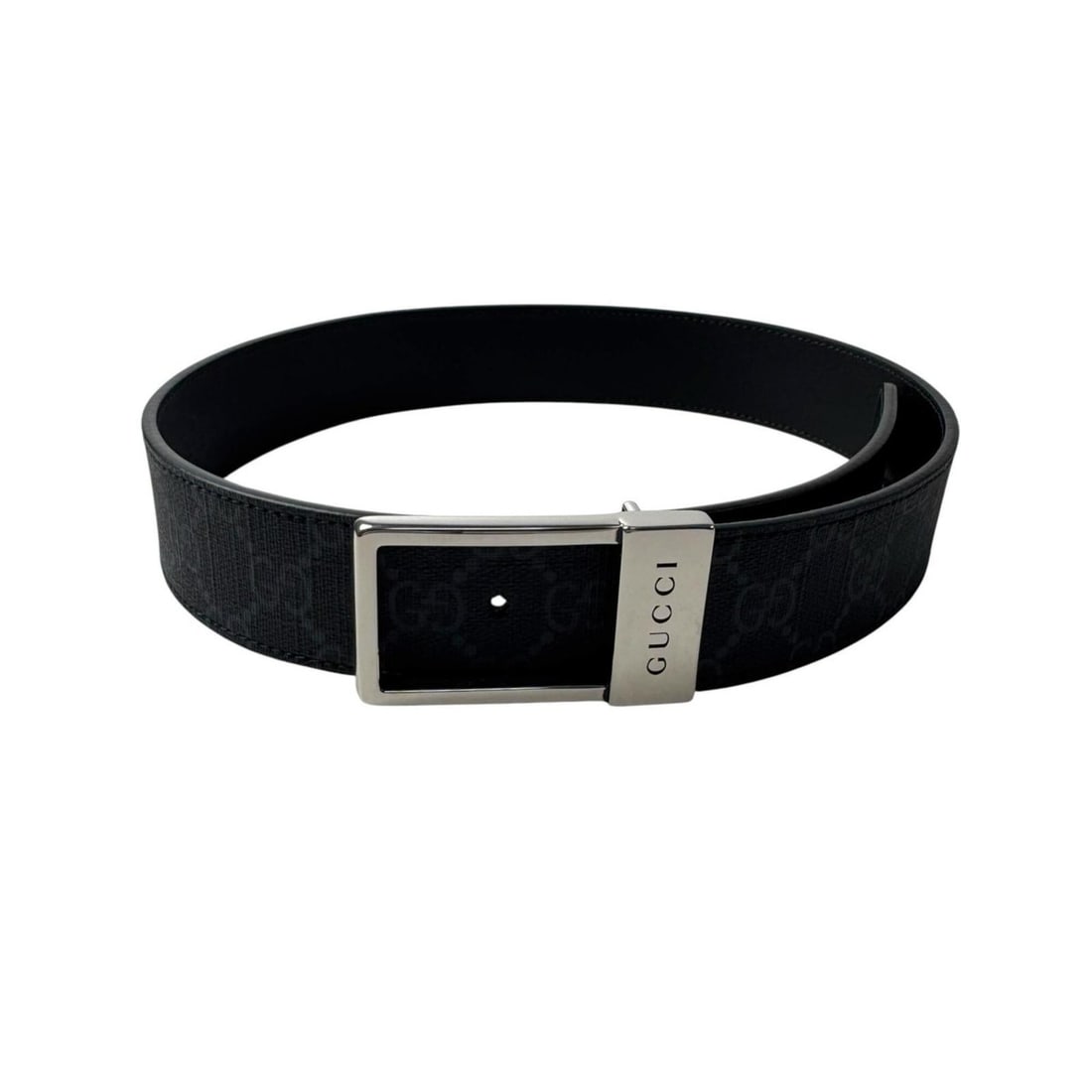 Gucci GG Supreme belt with square buckle, size 65 (722370), for men and women.: --- Catalog ---Category: SizeLength: 60cm - 70cm / 23.62'' - 27.55''Category: DesignType: Standard beltColor: Black, SilverGender: Men,WomenMaterial (Strap): Canvas , Leather Category: GeneralBrand: G