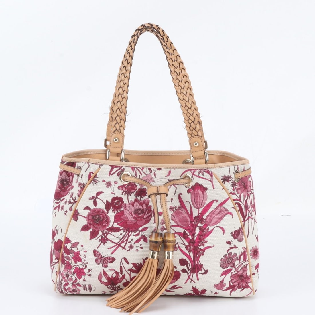 Gucci Bamboo Tassel Flower 170582 Leather Tote Bag Shoulder Handbag for Women: --- Catalog ---Category: SizeSize (HxWxD): 24cm x 35cm x 10cm / 9.44'' x 13.77'' x 3.93''Category: DesignType: Handbag, Shoulder bag, Tote bagColor: Brown, Pink, WhiteGender: WomenMaterial: Leather Ca