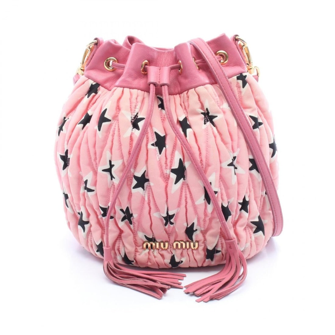 Miu Miu Miu MATELASSE Bucket Bag, Star Pattern, Shoulder Handbag, Canvas, Leather, Women's, Pink,: --- Catalog ---Category: SizeSize (HxWxD): 22cm x 16cm x 10cm / 8.66'' x 6.29'' x 3.93''Category: DesignType: Handbag, Shoulder bagColor: Black, Pink, WhiteGender: WomenMaterial: Canvas , Leather Cate