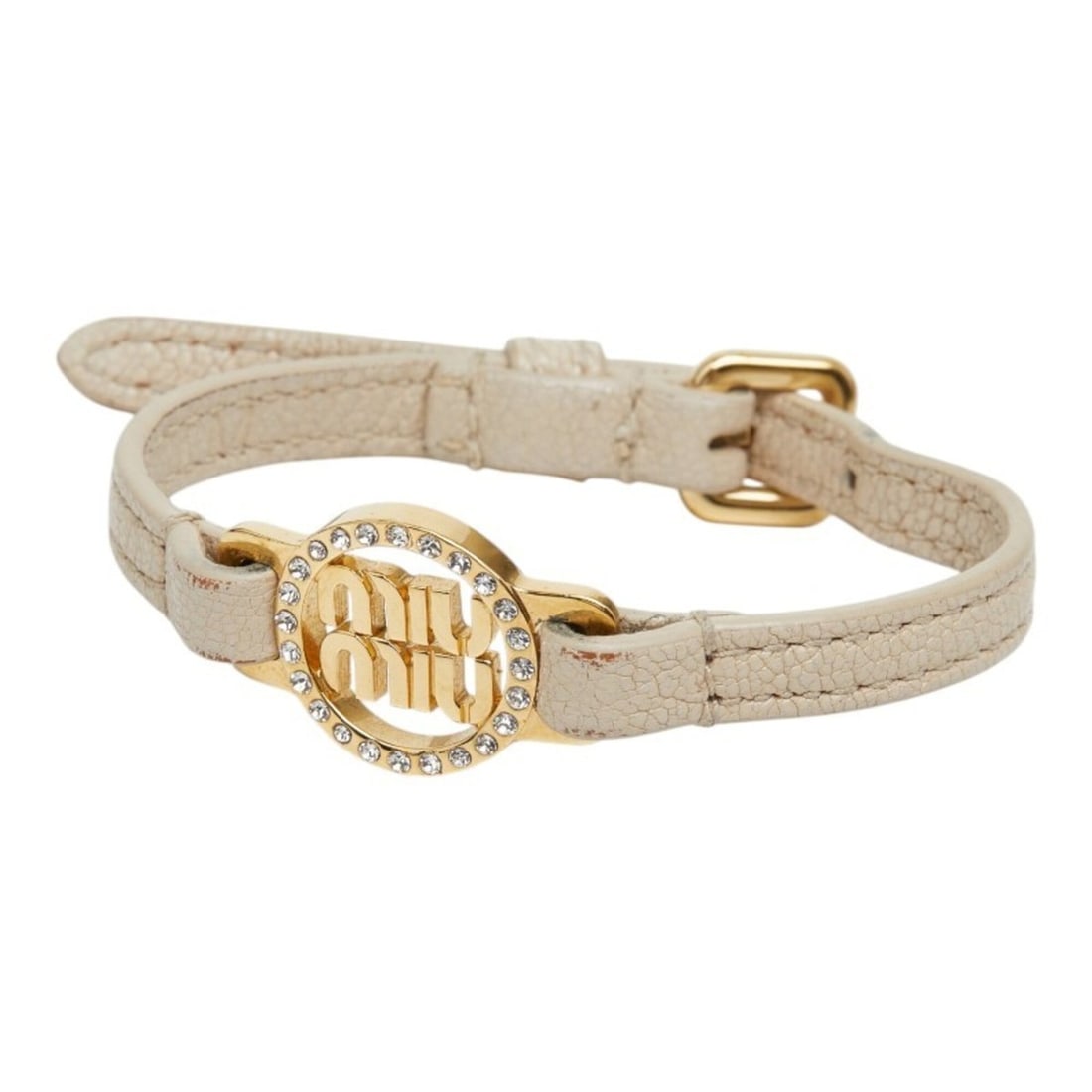 Miu Miu Miu Logo Rhinestone Bracelet, Gold and Beige Plated Leather, Women's.: --- Catalog ---Category: SizeWidth: 6mm / 0.23''Length: 16.5cm / 6.49''Category: DesignType: Charm braceletColor: Beige, GoldStone: RhinestoneGender: WomenMaterial: LeatherCategory: GeneralBrand: Miu 