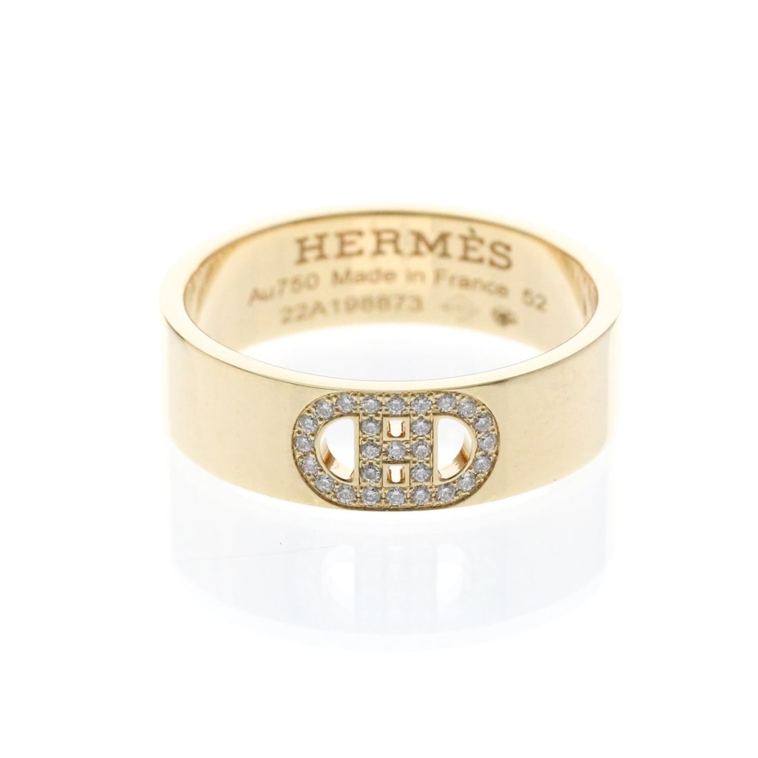 Hermes H Dunkle Diamond Ring Pink Gold (18K) Fashion Diamond Band Ring Pink Gold: --- Catalog ---Category: SizeWidth: 5.4mm / 0.21''Weight: 4.8g / 0.16oz.JP Size: 12US Size: 6Brand Size: 52Category: DesignType: Band ringColor: Pink goldMetal: GoldStone: DiamondStyle: FashionGender: