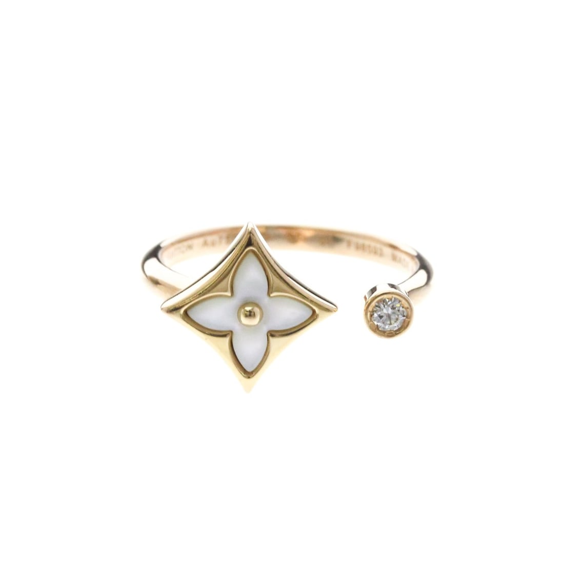 Louis Vuitton Star Blossom Ring Q9S80E Pink Gold (18K) Fashion Diamond,Mother Of Pearl Band Ring: --- Catalog ---Category: SizeWidth: 2.1mm / 0.08''Weight: 3.2g / 0.11oz.JP Size: 11US Size: 5 3/4Brand Size: 51Stone Size (HxW): 11.30mm x 11.30mm / 0.44'' x 0.44''Category: DesignType: Band ringColor
