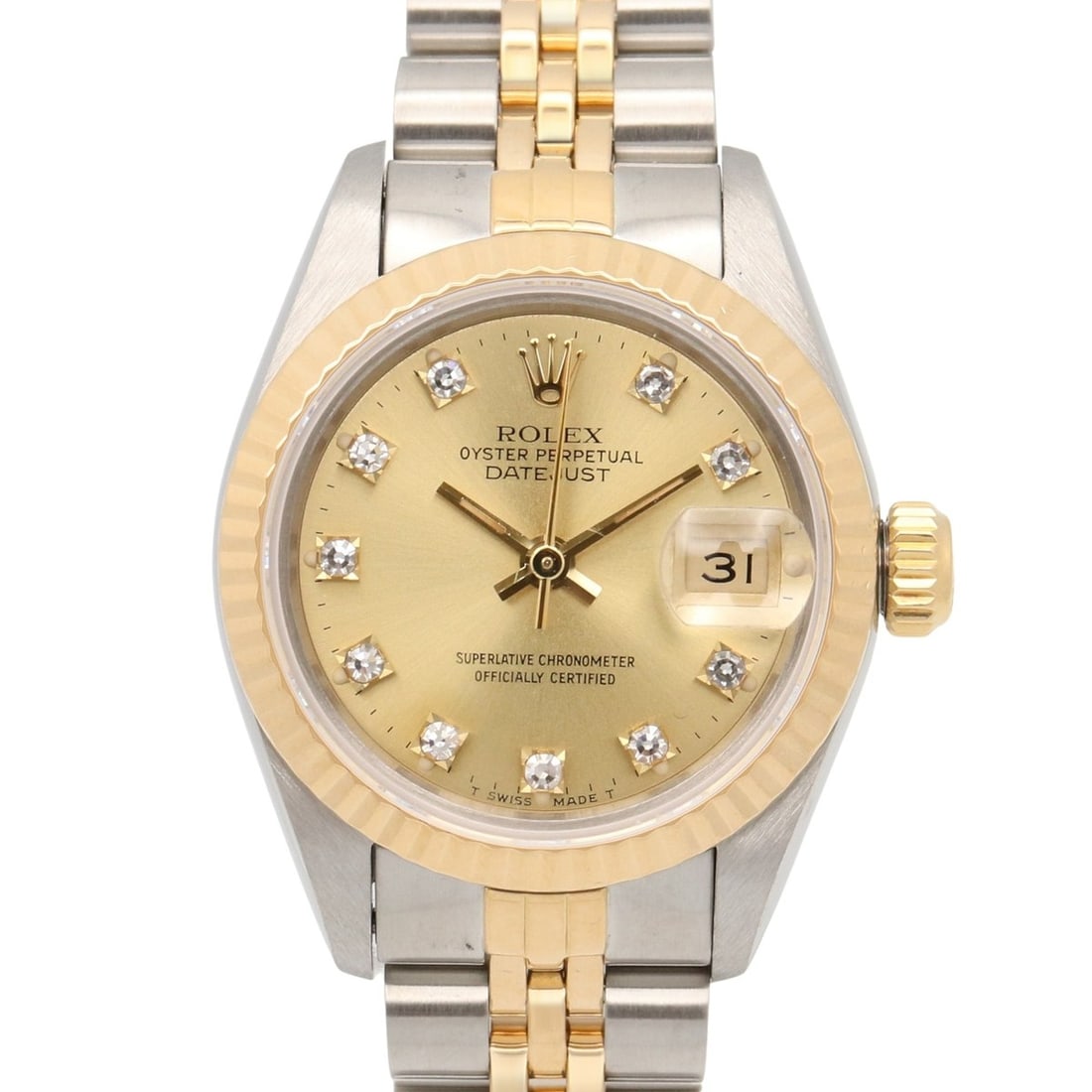 Rolex Datejust 10P Diamond L-series Watch, 18K (Yellow Gold) Stainless Steel, Diamond, Ladies', Gold: --- Catalog ---Category: SizeWrist Size: 15cm / 5.9''Case Diameter: 26mm / 1.02''Category: DesignType: WristwatchGender: WomenColor (Dial): Champagne, GoldMaterial (Band): Stainless steel, Yellow gold