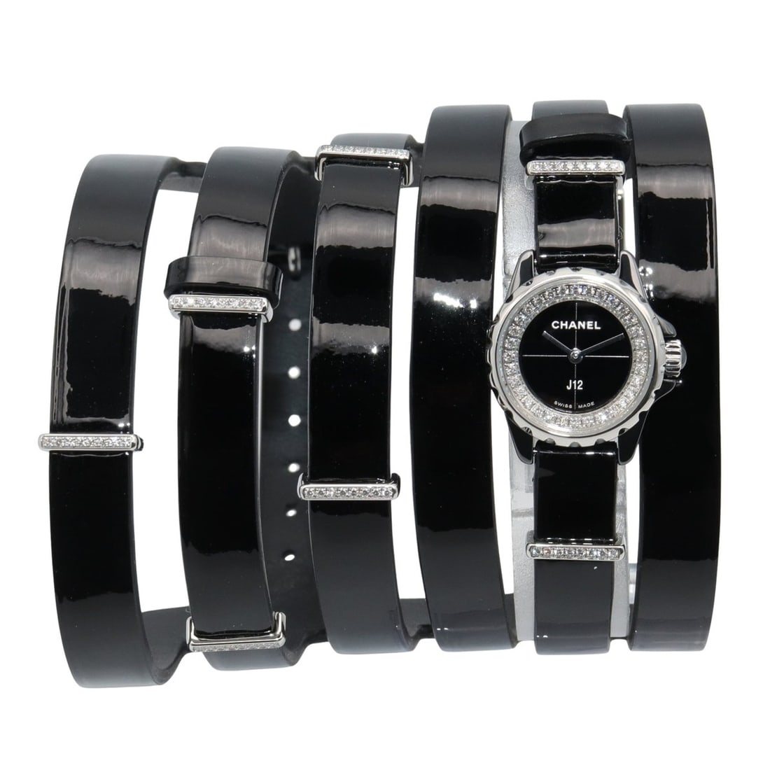 Chanel J12 XS Double Belt Diamond Bezel Watch, Stainless Steel, Ceramic, Diamond, Leather Strap,: --- Catalog ---Category: SizeWrist Size: 16.5cm / 6.49''Case Diameter: 20mm / 0.79''Category: DesignType: WristwatchGender: WomenColor (Dial): BlackMaterial (Band): LeatherMaterial (Case): Ceramic, St