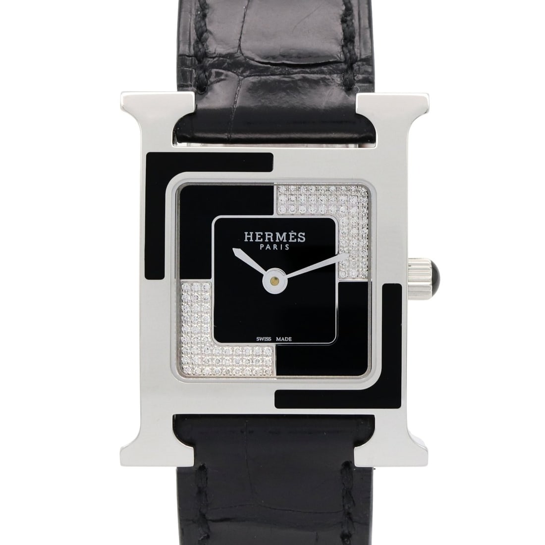 Hermes H-Watch O Carre Small Diamond Wristwatch, Stainless Steel, Diamond, Leather Strap, Ladies,: --- Catalog ---Category: SizeWrist Size: 16cm / 6.29''Case Diameter: 21mm / 0.83''Category: DesignType: WristwatchGender: WomenColor (Dial): Black, SilverMaterial (Band): Leather, Stainless steelMater