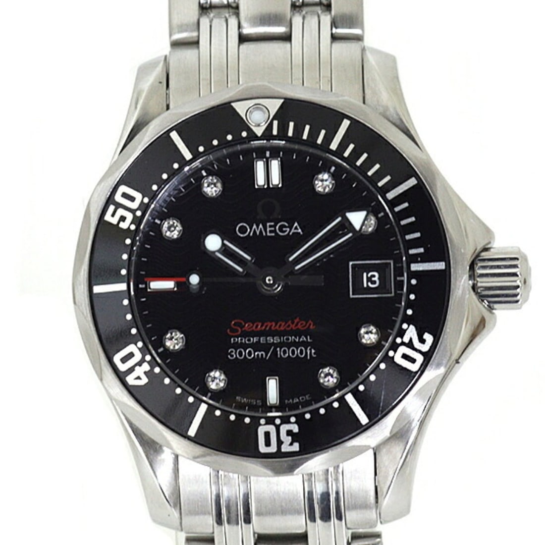 OMEGA Seamaster 300 Ladies' Watch with 8 Diamonds, 212.30.28.61.51.001, Black Dial, Quartz Movement: --- Catalog ---Category: SizeWrist Size: 14cm / 5.51''Case Diameter: 28mm / 1.1''Category: DesignType: WristwatchGender: WomenColor (Dial): BlackMaterial (Band): Stainless steelMaterial (Case): Stainl