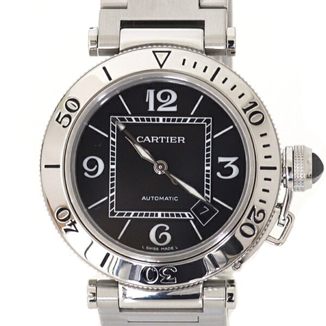 Cartier Pasha Seatimer W31077M7 Men's Watch, Black Dial, Stainless Steel, Automatic Movement: --- Catalog ---Category: SizeWrist Size: 17.5cm / 6.88''Case Diameter: 40.2mm / 1.58''Category: DesignType: WristwatchGender: MenColor (Dial): BlackMaterial (Band): Stainless steelMaterial (Case): Sta