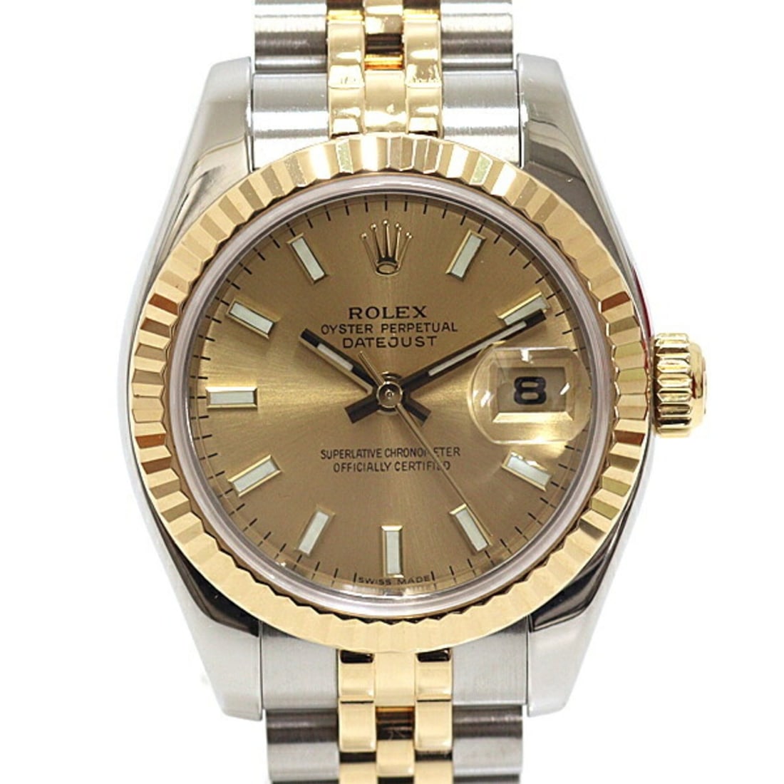 ROLEX Ladies' Watch Datejust 179173 F-serial (2004 model) Champagne Dial, Rolex Japan: --- Catalog ---Category: SizeWrist Size: 16cm / 6.29''Case Diameter: 26mm / 1.02''Category: DesignType: WristwatchGender: WomenColor (Dial): ChampagneMaterial (Band): Stainless steel, Yellow goldMater